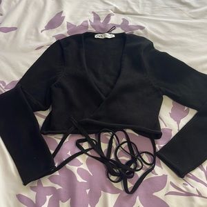 Zara black wrap around long sleeve crop top